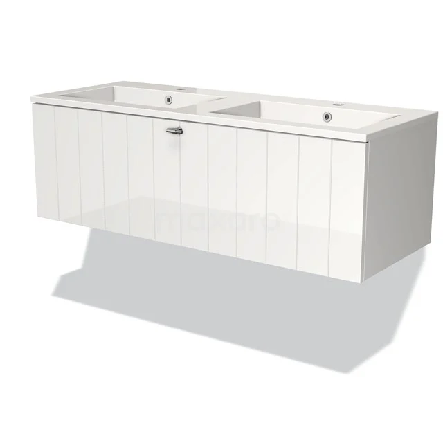 Modulo Vanity units with basin | 120 cm High-gloss white Slat front Mineral marble 1 drawer BMW11-00157 Double white basin base cabinet, hanging design with soft-close drawers, ideal for a modern bathroom.