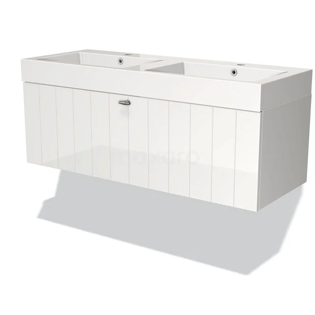 White double bathroom unit with modern handleless drawers and glossy finish, ideal for a stylish bathroom.