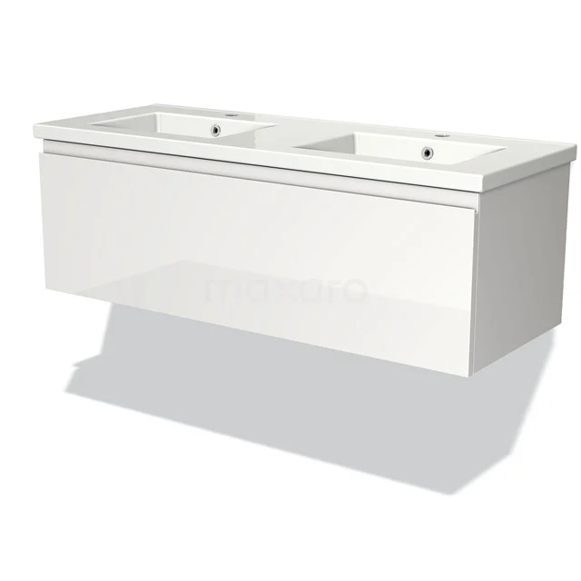 White double bathroom unit with sleek design, fitted with a wide-grip ceramic basin worktop and soft-close drawers.