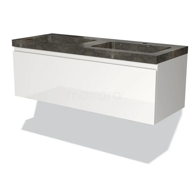 Modulo Vanity units with basin | 120 cm High-gloss white Handle-less front Natural stone 1 drawer BMW11-00165 White floating bathroom unit with black marble basin worktop, modern design, perfect addition to any bathroom.