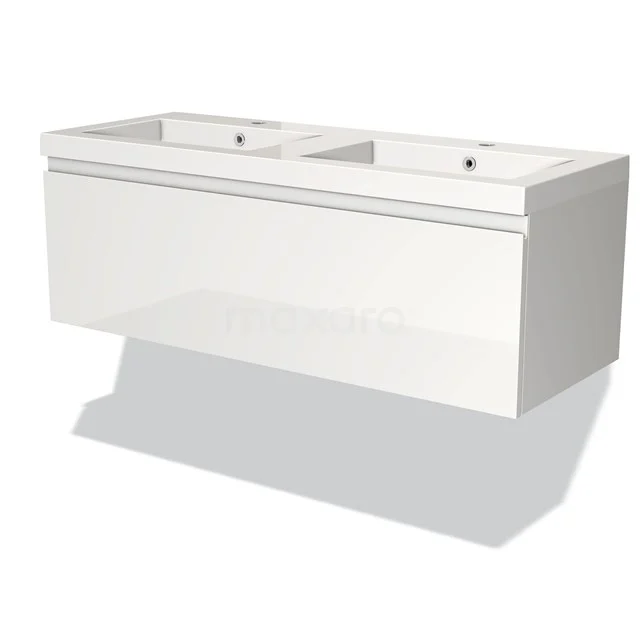 Modulo Bathroom furniture with sink | 120 cm High-gloss white Handle-less front Mineral marble 1 drawer BMW11-00168 White double bathroom unit with modern finish, wall-mounted and drawers storage, ideal for a stylish bathroom.