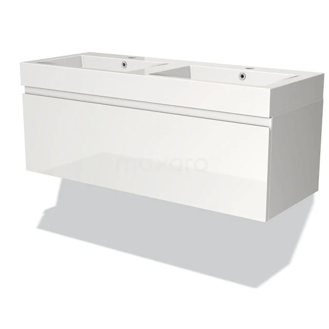 White bathroom unit with double basin, modern design, wall-mounted, glossy finish.