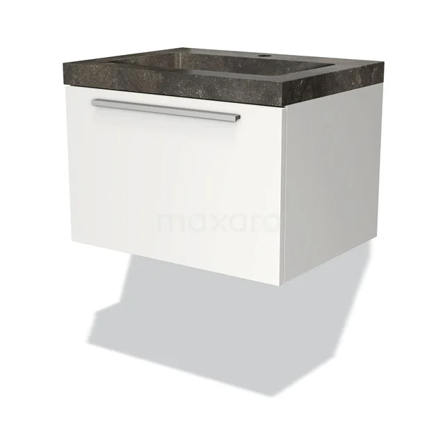 Badmöbel 60cm Modulo Matt Weiß 1 Schublade Flaches Waschbecken Naturstein Blaustein BMW11-00177 Wandhängendes weißes Badezimmermöbel mit einer Holzoptik Waschtischplatte und metallischem Haltegriff, stilvolles Design für moderne Bäder.