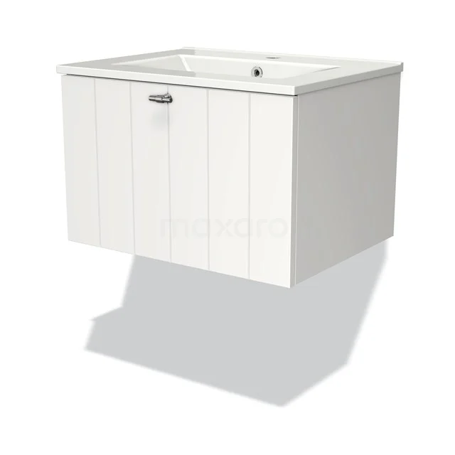 White floating bathroom unit with a ceramic sink, vertical wood grain panels and soft-close drawers.