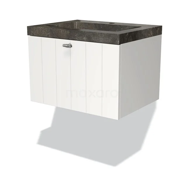 White suspended bathroom unit with grey marble basin worktop, featuring vertical panels and a matt black handle.