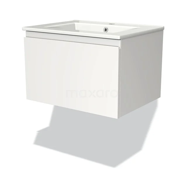 Weißes, hängendes Badmöbel mit Schublade und keramischem Waschbecken, modernes Design, ideal für einen klaren Badezimmerstil.