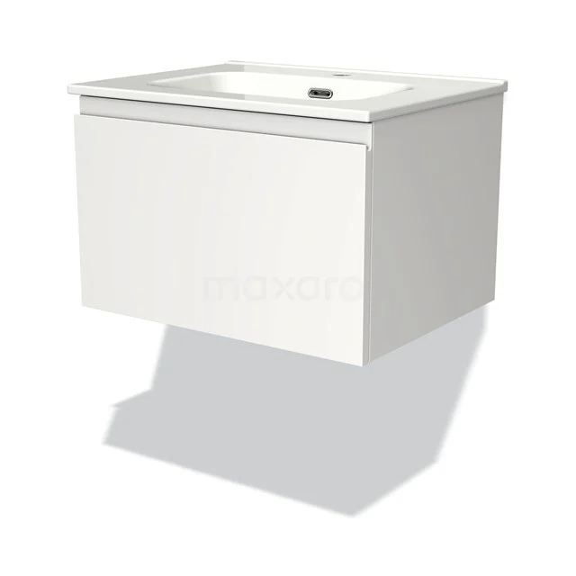 Badmöbel 60cm Modulo Matt Weiß 1 Schublade griffloses Waschbecken aus Keramik BMW11-00197 Weißes schwebendes Badmöbel mit integriertem Waschbecken, elegantes Design und Softclose-Schublade, ideal für moderne Bäder.