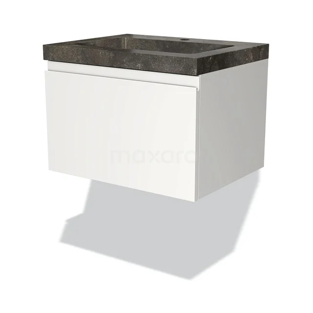 Weißes hängendes Badmöbel mit schwarzem Waschbecken, klare Formgebung, ideal für moderne Bäder.