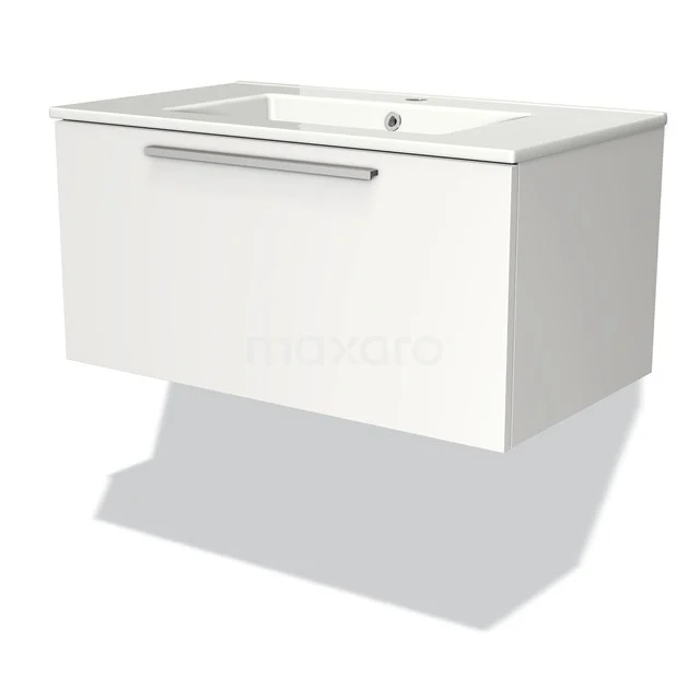 White hanging bathroom unit with drawers, metal handle and ceramic basin, modern design for compact bathrooms.