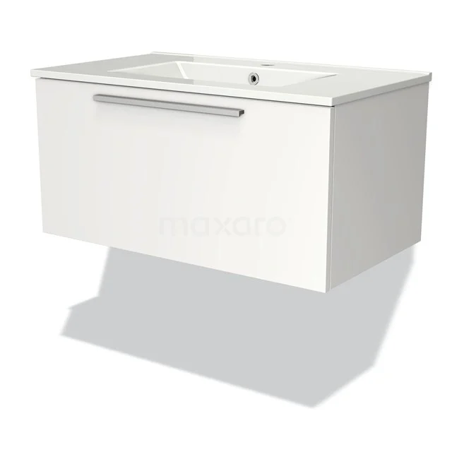 White floating bathroom unit with drawer, chrome handle and ceramic basin, ideal for modern bathrooms.