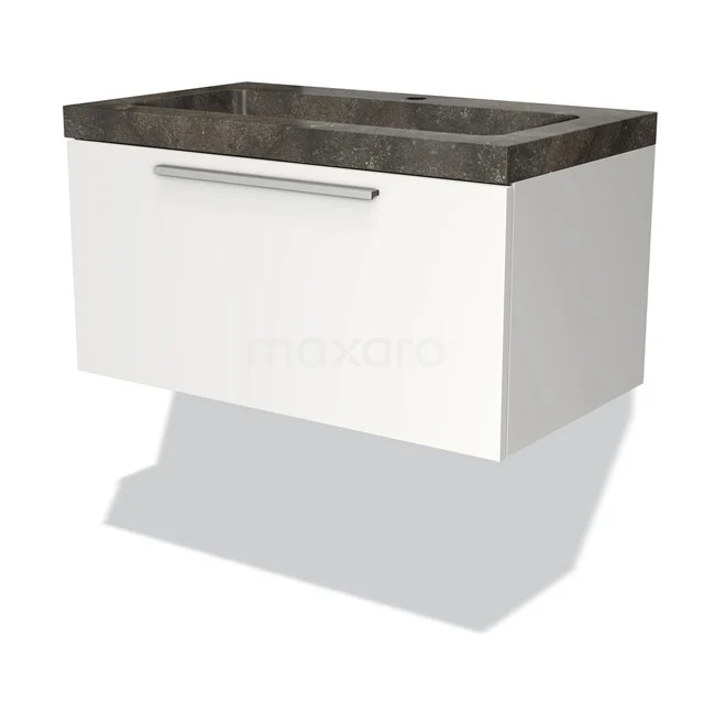 Wandhangend badkamermeubel wit met donker steenlook wastafel, lade met metalen greep, modern design.