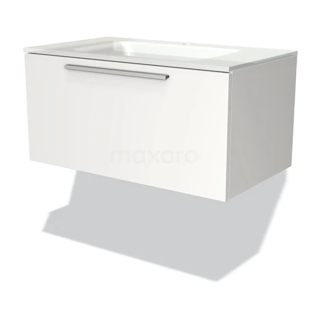 Weißes schwebendes Badezimmermöbel mit integriertem Waschbecken, metallischem Haltegriff und klarem Design, ideal für moderne Bäder.