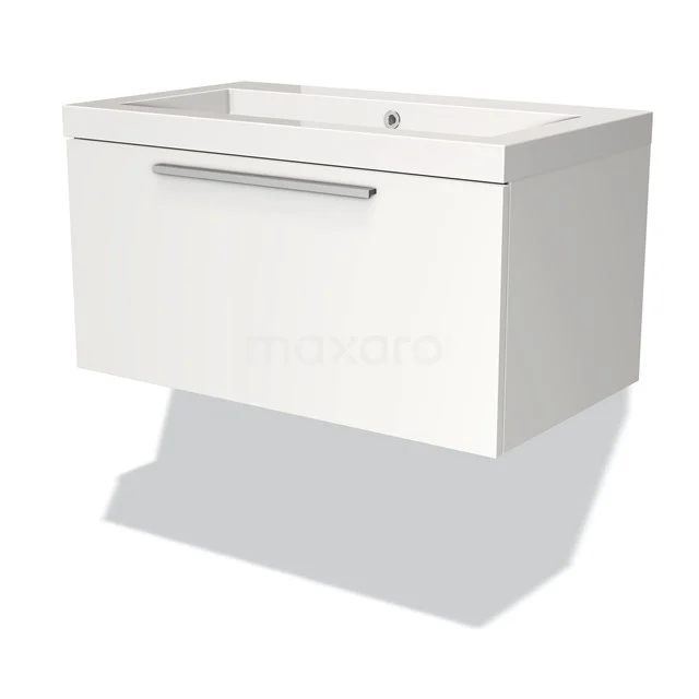 White hanging vanity unit with drawers, modern design, suitable for bathroom storage, fitted with chrome handle.