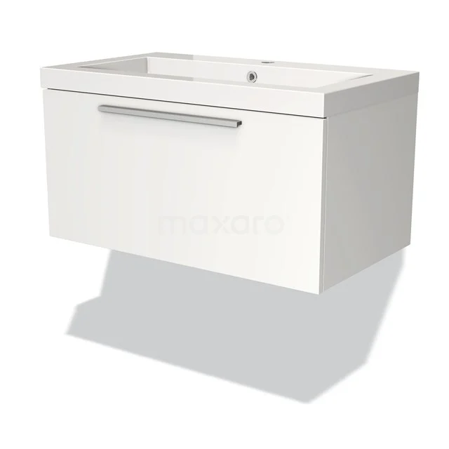 White hanging bathroom unit with single sink, minimalist design, Stainless steel Handle, perfect for modern bathrooms.