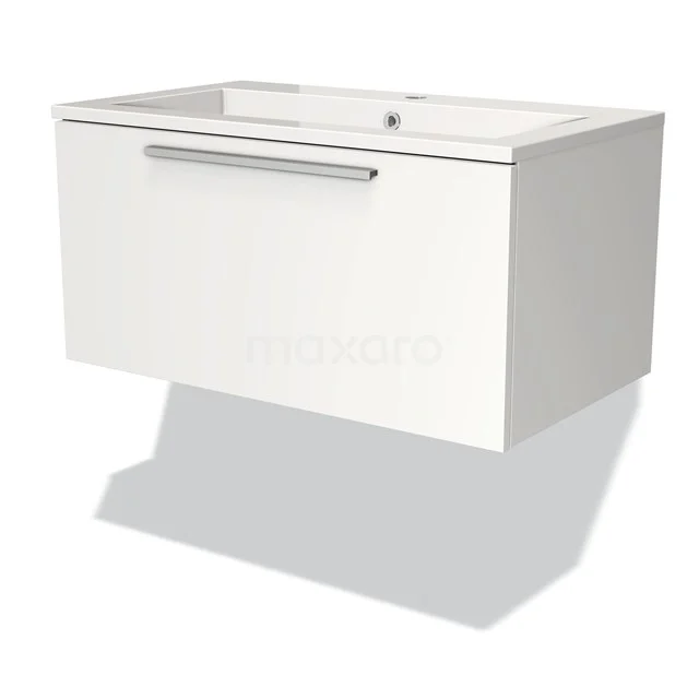 White floating bathroom unit with ceramic vanity units with basin and metal handle, modern design for a stylish bathroom.