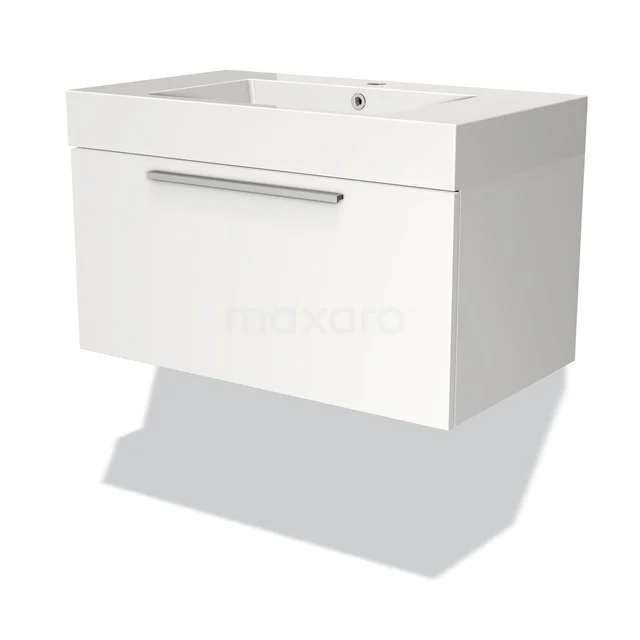 White hanging bathroom unit with soft-close drawer, sleek handle and ceramic basin, modern design.