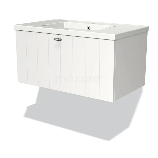 White wooden bathroom unit with basin, hanging design, paneled structure, ideal for modern and stylish bathrooms.