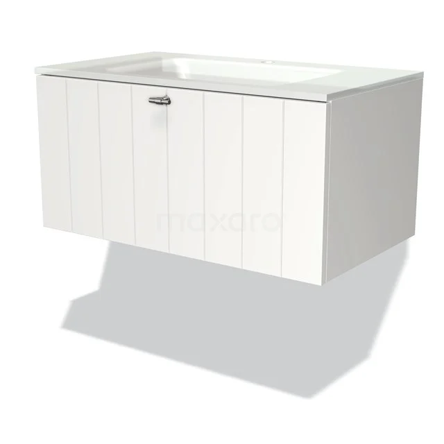 Wall-hung white wooden bathroom unit with integrated sink, vertical panels and modern design.