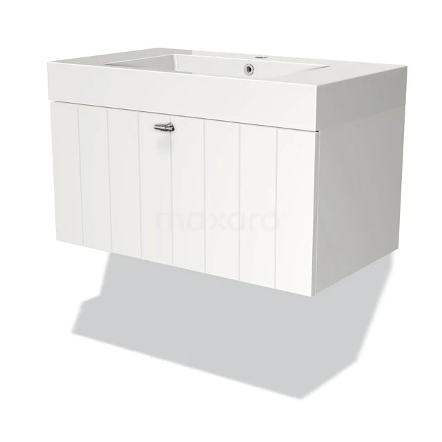 White hanging bathroom unit with wood grain pattern, single sink and chrome handle, sleek and modern design.