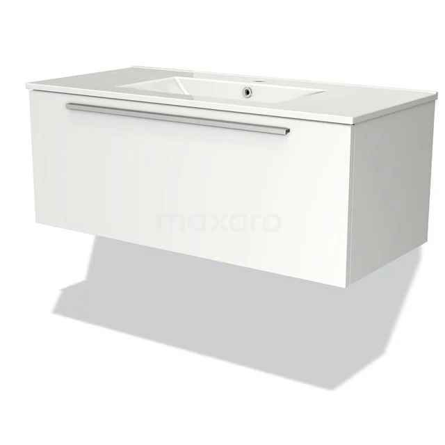 White floating bathroom unit with integrated vanity units with basin and chrome handle, sleek design ideal for modern bathrooms.