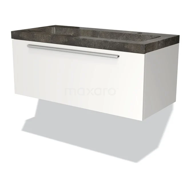 Weißes hängendes Badmöbel mit grauer Stein-Waschtischplatte, schlankem Schublade und metallischem Haltegriff, modernes Design.