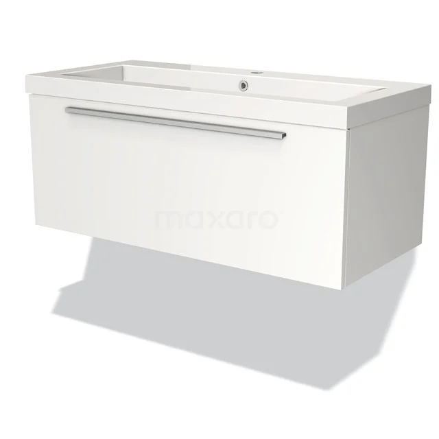 Badmöbel 100cm Modulo Matt Weiß 1 Schubladen-Flachwaschbecken Mineralguss BMW11-00249 Weiße schwebende Badmöbel mit Softclose-Schublade, einzelnes Hahnloch und schlankem Design. Ideal für moderne Bäder.