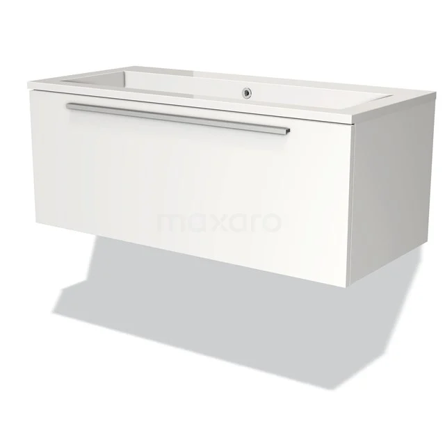 White modern bathroom unit with integrated vanity units with basin, minimalist design and chrome handle from the Elegance series.
