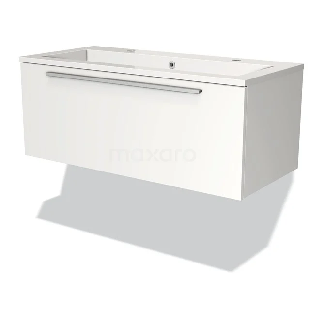 White bathroom cabinet with drawer, sleek design, wall-mounted, includes integrated basin, suitable for modern bathrooms.