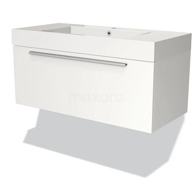 Weißes Holz-Waschtischmöbel mit Schublade, modernes Design und einem integrierten verchromten Haltegriff, ideal für jedes Badezimmer.