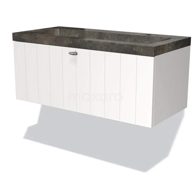 White suspended vanity unit with marble-look worktop, single drawers and modern design, ideal for stylish bathroom design.
