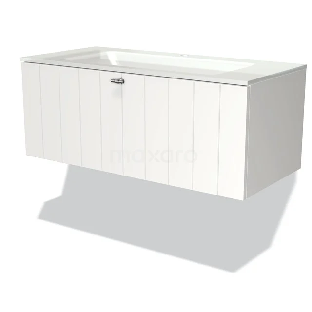 White suspended bathroom unit with drawers, glossy finish and integrated basin; stylish and space-saving design.