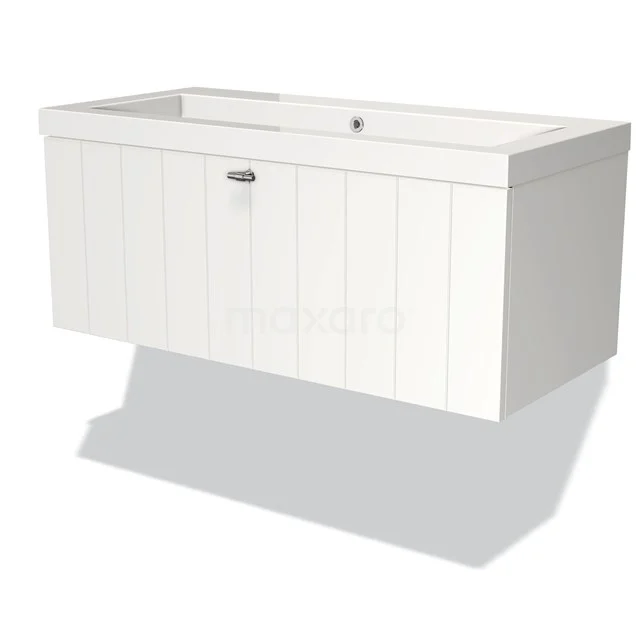 Modulo Waschtische | 100 cm Matt Weiß Lamelle front Mineralguss 1 Schublade BMW11-00263 Weißes hängendes Badezimmermöbel mit Holzstruktur, einzelnes Waschbecken und modernem Griff, ideal für ein stilvolles Badezimmer.