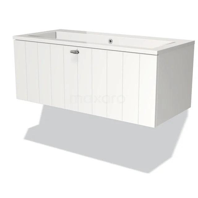 Modulo Bathroom furniture with sink | 100 cm Matte white Slat front Mineral marble 1 drawer BMW11-00266 White bathroom unit with drawers, hanging design, modern slat structure and integrated basin, perfect for any bathroom.