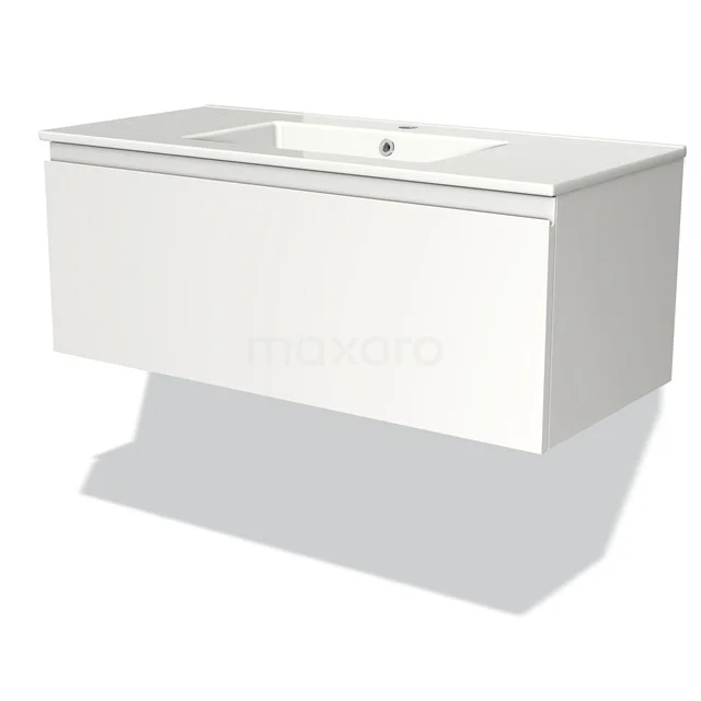Witte hangende wastafelonderkast met geïntegreerde wasbak, modern design, perfect voor badkameropslag.
