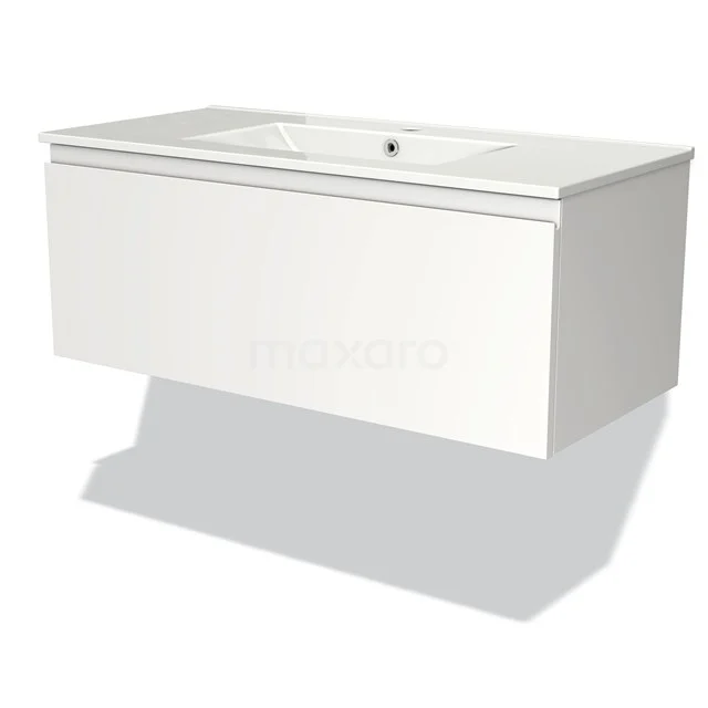 Wit, rechthoekig badkamermeubel met keramische wastafel en soft-close lade. Modern design, geschikt voor kleine badkamers.