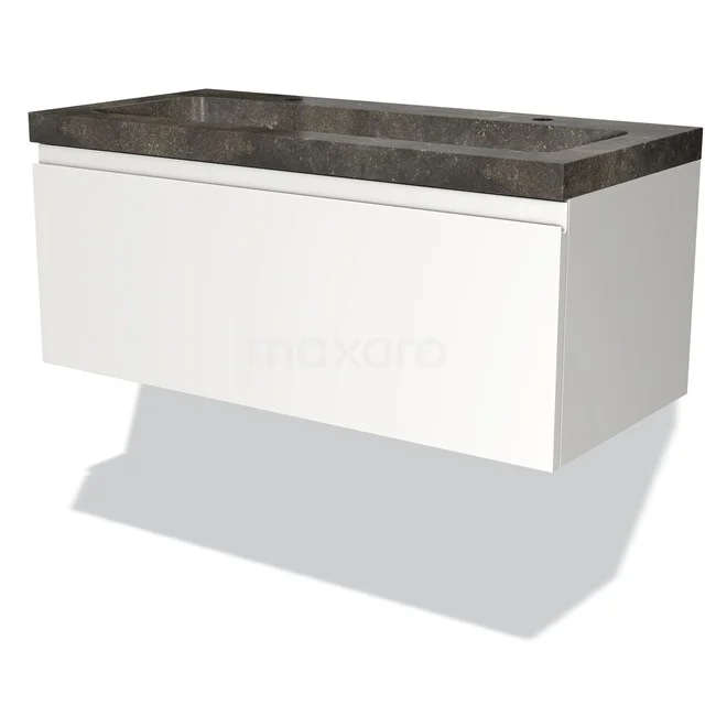 Weißes schwebendes Badmöbel mit keramischer Waschtischplatte in Betonoptik, schlichtes Design für moderne Bäder.