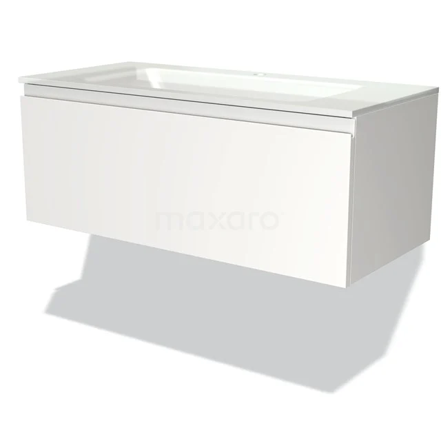 Modulo Vanity units with basin | 100 cm Matte white Handle-less front Glass 1 drawer BMW11-00277 White floating bathroom unit with sleek design, featuring soft-close drawers and a ceramic vanity units with basin in modern minimalist style.
