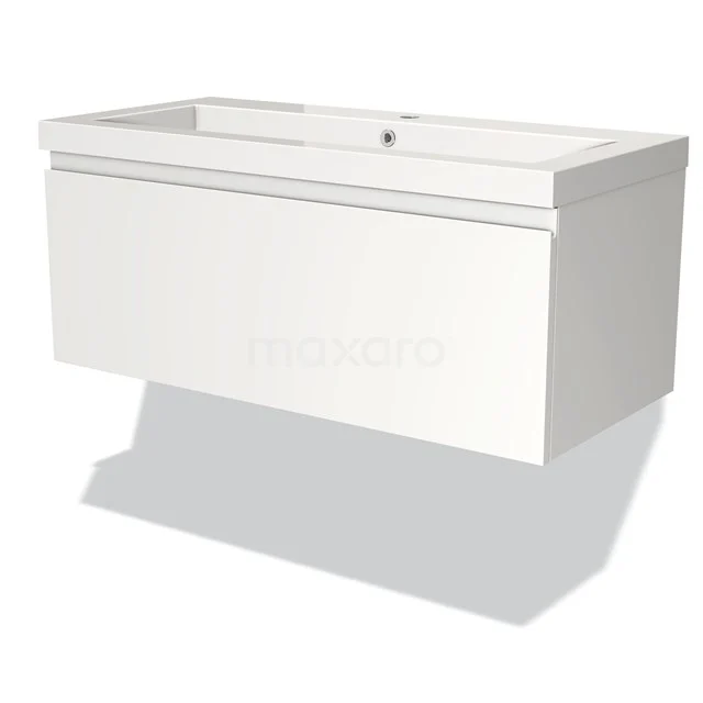 Wit hangend badkamermeubel met strakke lijnen, één lade en hoogglans afwerking, ideaal voor moderne badkamers.