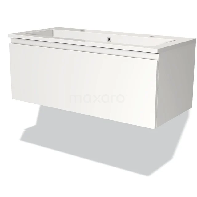 Wit hangend badkamermeubel met een strak design, voorzien van een geïntegreerde wastafel en robuuste afwerking.