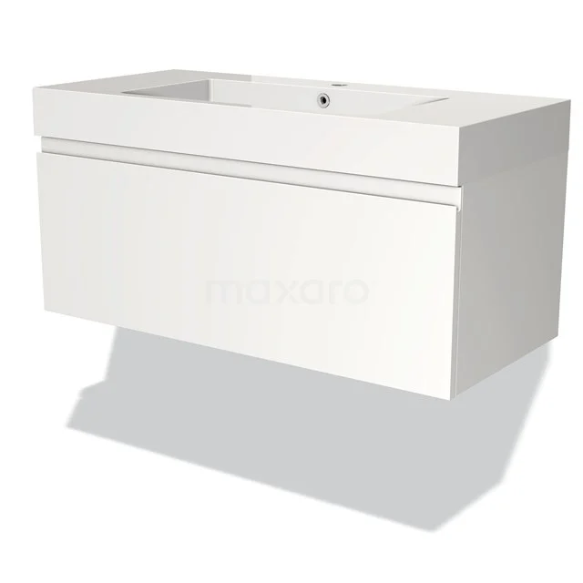 Wit keramisch wastafelmeubel met gladde lade, strak design, perfect voor een moderne badkamer.