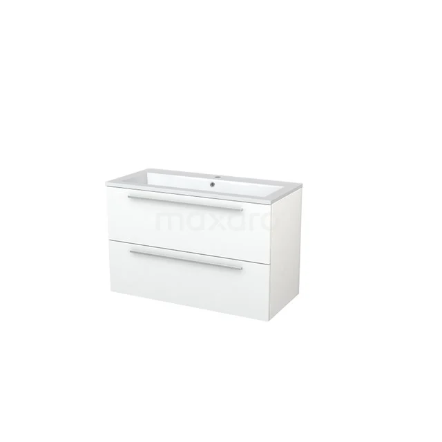 White bathroom unit with two wide drawers, glossy finish, integrated vanity units with basin and sleek handles.