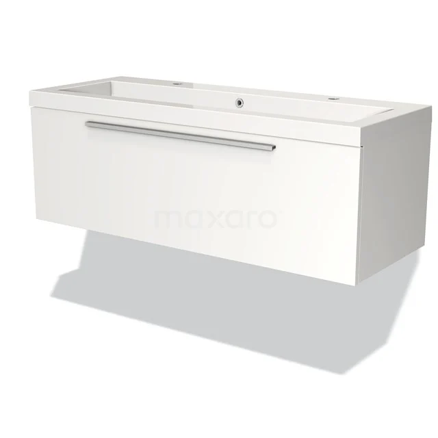 White hanging bathroom unit with drawers, glossy finish and integrated vanity units with basin, modern design.