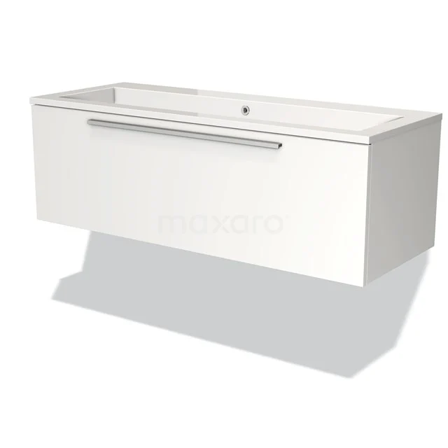 Weißes Badezimmermöbel mit Schublade, modernes Design, ausgestattet mit einem metallischen Haltegriff, geeignet für moderne Bäder.