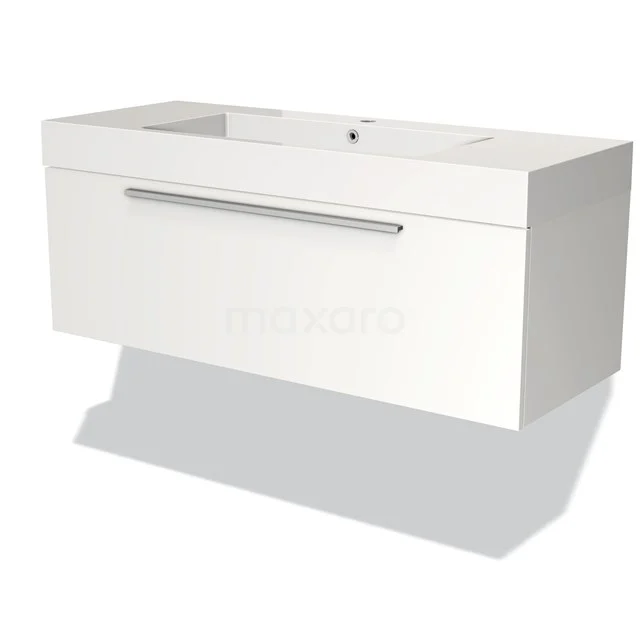 White hanging bathroom unit with a slim design, single drawers and a wide drawer with aluminium handle.