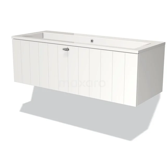 Weißes hängendes Waschtischmöbel mit Holzmaserungsmuster, Softclose-Schublade und klarem Design, ideal für ein modernes Badezimmer.
