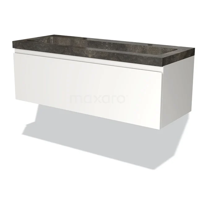 White floating bathroom unit with drawers and dark marble-look basin, modern design and sleek finish.