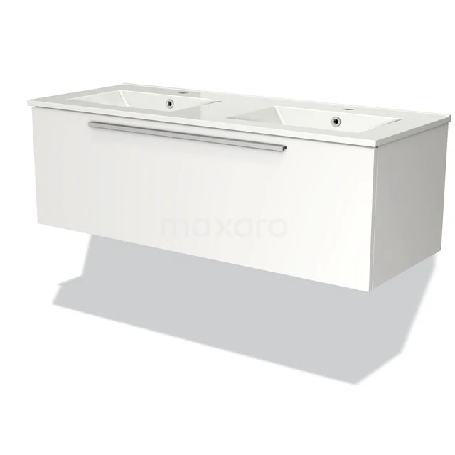 White double basin base cabinet with drawers, modern design, suitable as a stylish addition to a functional bathroom.