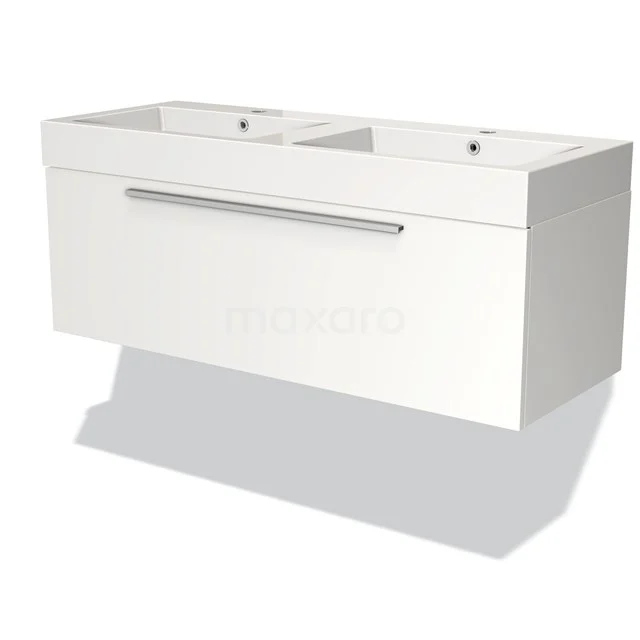 White hanging bathroom cabinet with double basin, sleek metal handle and modern finish.