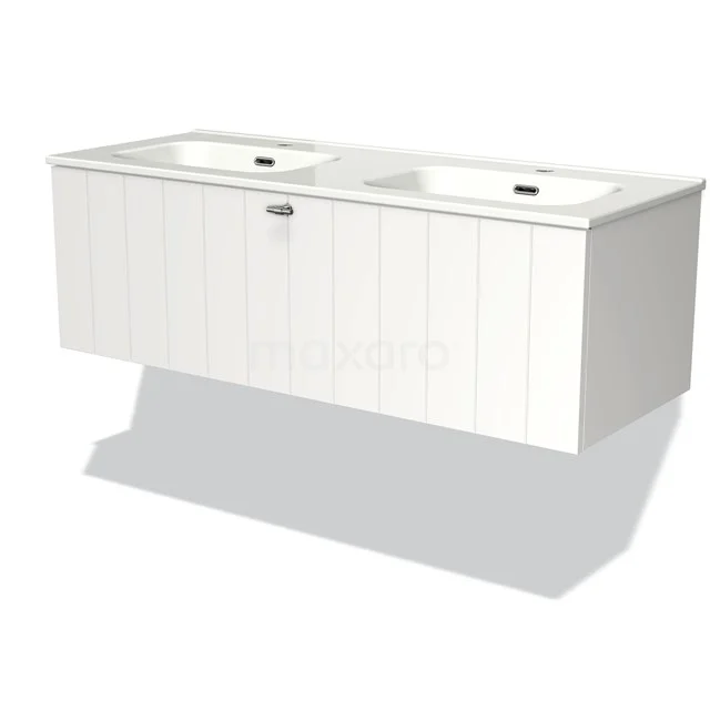 Modulo Bathroom furniture with sink | 120 cm Matte white Slat front Ceramic 1 drawer BMW11-00322 White, wooden bathroom unit with double basin and sleek panels, ideal for modern bathrooms.