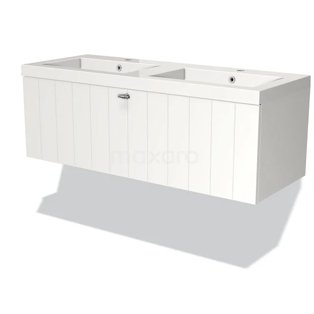 Modulo Vanity units with basin | 120 cm Matte white Slat front Mineral marble 1 drawer BMW11-00327 White, suspended vanity units with double basin, durable wood-look finish and modern vertical lines.
